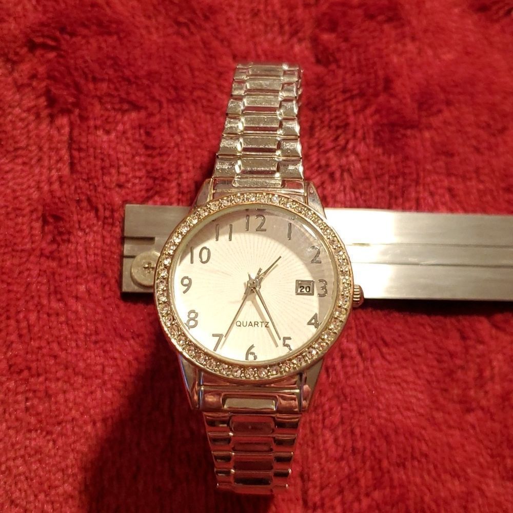 Silver Sunray Expandable Band Ladies Watch Crystal Faux Diamond Covered Bezel